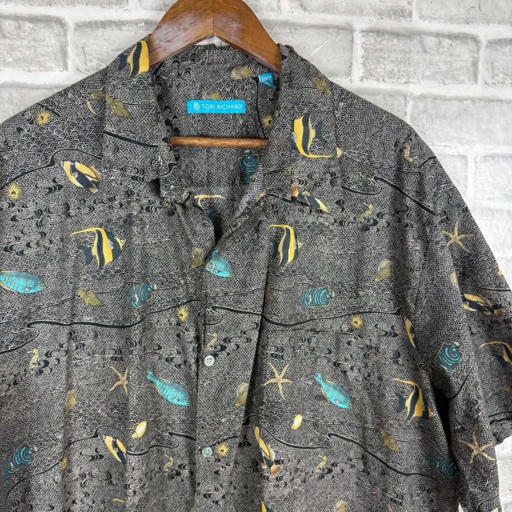 Tori Richard Men 3XT Hawaiian Shirt Grey Cotton Lawn Tropical Fish Starfish 3XLT